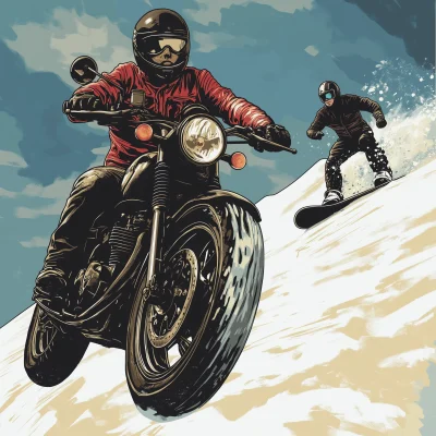 Retro Motorcycle Rider and Snowboarder