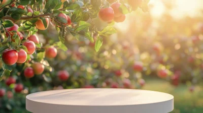 Empty Podium with Blurred Apples Tree Background