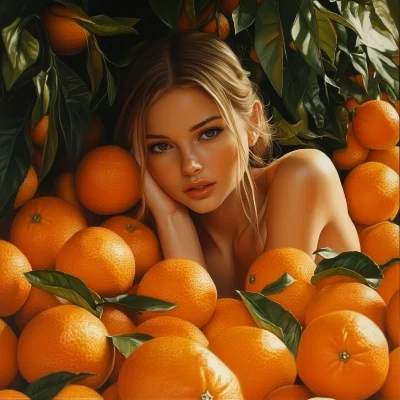 Girl Among Orange Fruits