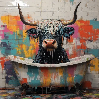 Highland Cow in Graffiti Bathtub