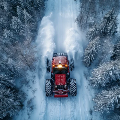 Aerial View of Snowy Tractor Trails