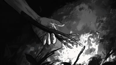 Hand Placing a Branch on Fire