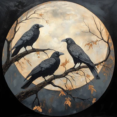 Harvest Moon with Crows