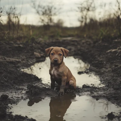 Puppy by the Puddle