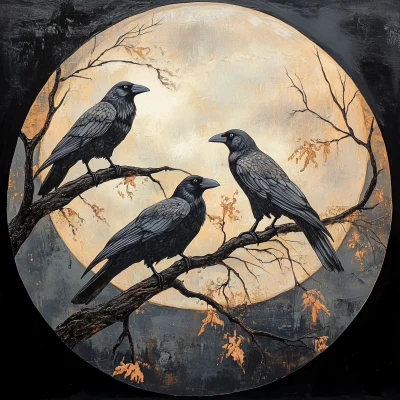 Harvest Moon with Crows