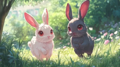 Pink and Gray Rabbits in the Field