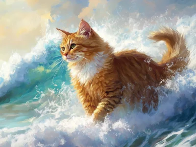 Majestic Cat in Fantasy Waves