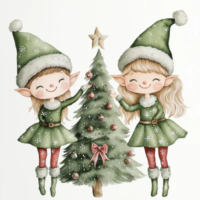 Christmas Elves Decorating a Tree