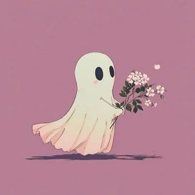 Cute Cartoon Ghost Holding Flowers