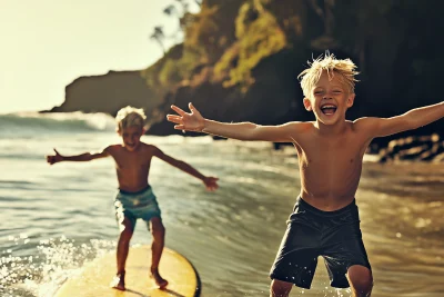 Boys Surfing in a Cove