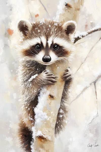 Raccoon in a Snowy Birch Tree