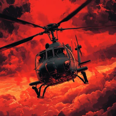 Military Helicopter in Red Sky