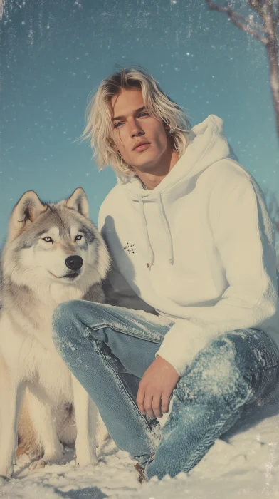 Blonde Man with Wolf in Winter