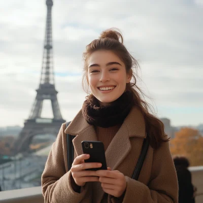 Smiling Woman in Front of Eiffel Tower