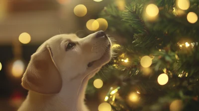 Joyful Labrador Puppy and Christmas Tree