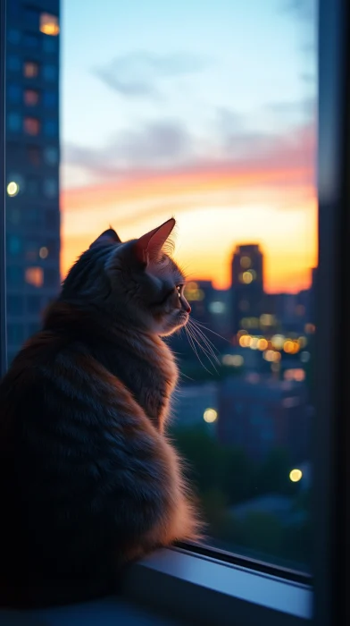 Cat Gazing at City Lights