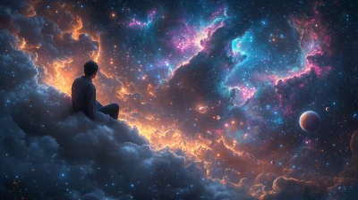 Man on Cloud Gazing at Universe