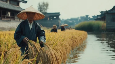 Harvesting Rice Near Ancient City Wall