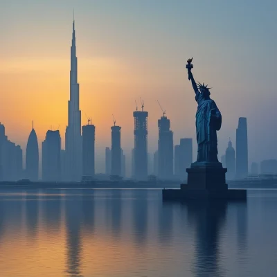 Statue of Liberty against Dubai Skyline