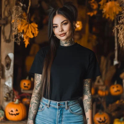 Happy Woman with Tattoos in Black T-shirt