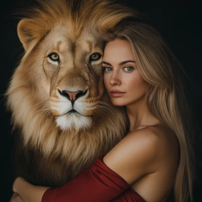 Businesswoman and Lion Embrace