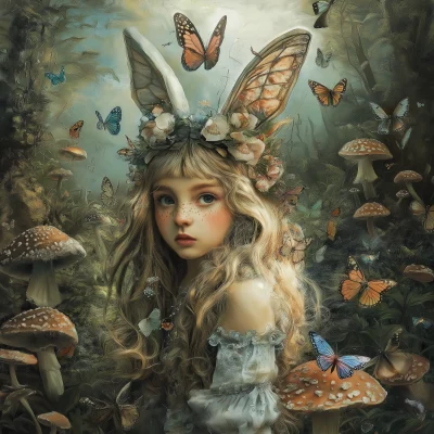 Girl with Rabbit Ears in a Magical Forest