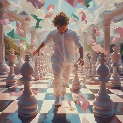 Playful Young Man on Chessboard