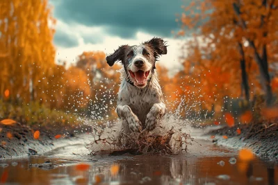 Happy Dog in Puddle