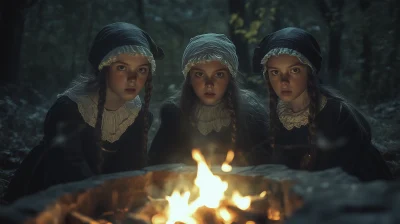 Puritan Girls by the Bonfire