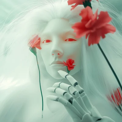 Humanoid Robot with Red Flowers