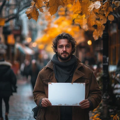 Autumn Man with Sign