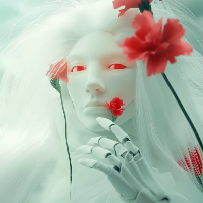 Humanoid Robot Among Red Flowers