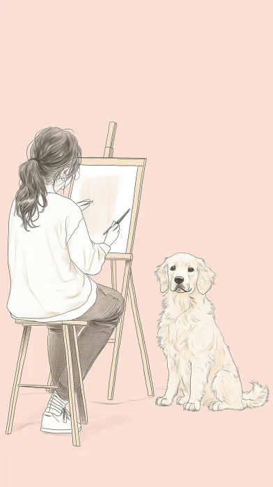 girl painting with dog