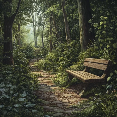 Wooden Bench in Fantasy Forest