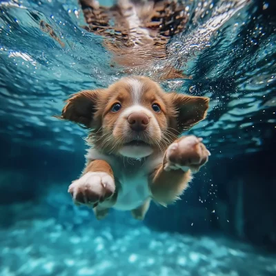 Puppy Diving in Blue Water