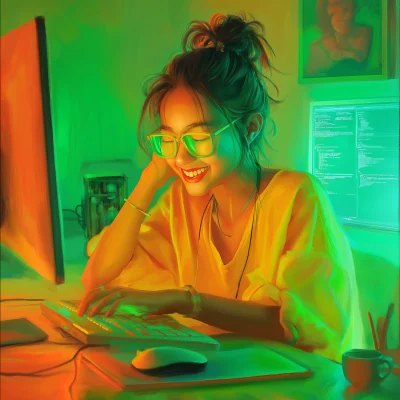 Smiling Woman at Computer