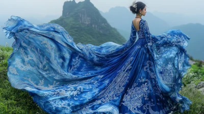 Elegant Miao Woman in Indigo Dress