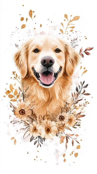 Smiling Golden Retriever with Flower Wreath