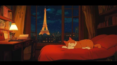 Sleeping Cat with Eiffel Tower