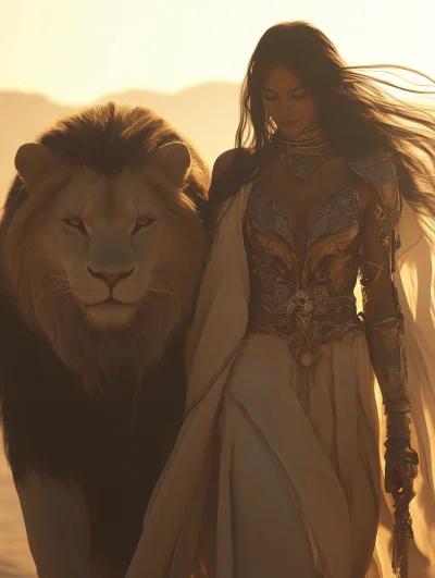 Woman Walking with Lion