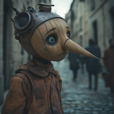 Sad Pinocchio in Post Apocalyptic Scene