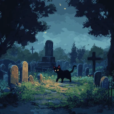 Pixel Art Black Cat in Cemetery