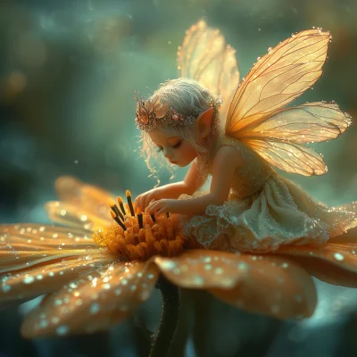 Tiny Winged Fairy on Flower Petal