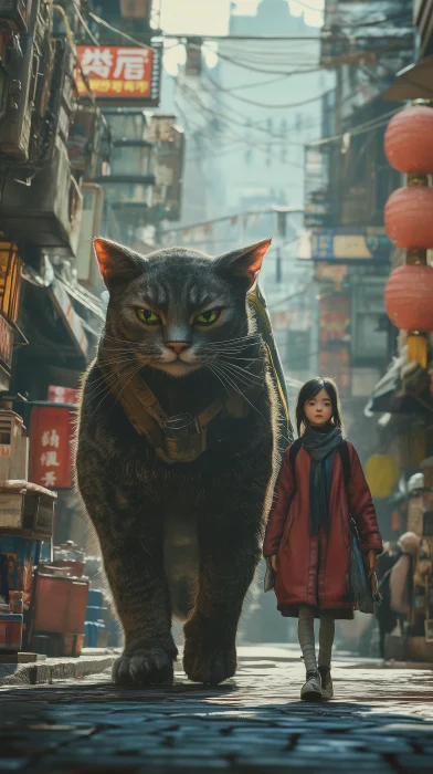 Giant Cat and Girl in the City