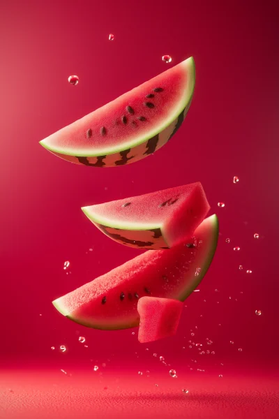 Juicy Watermelon Pieces in Midair