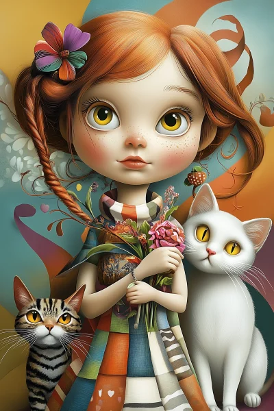 Whimsical Girl with Cat