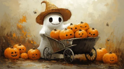 Cute Halloween Ghost in Harvest Scene