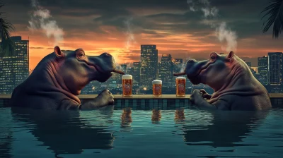 Hippos Relaxing in Infinity Pool