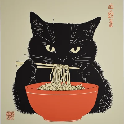 Black Cat Eating Noodles