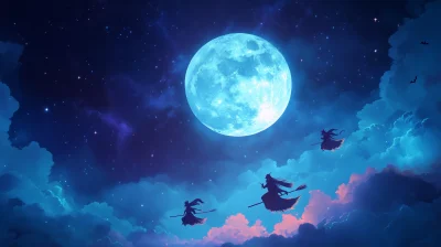 Witches Flying on Broomsticks